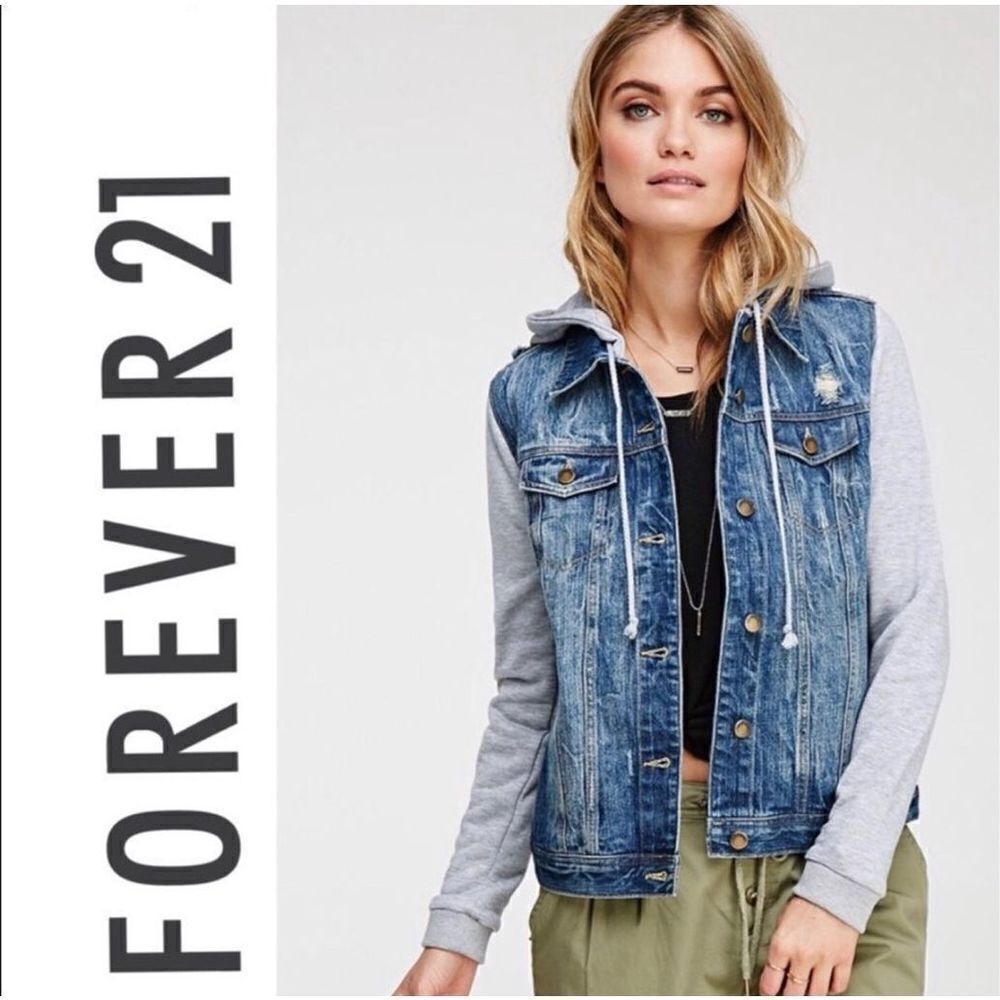 Life In Progress Forever 21 Mixed Media Gray Hooded Denim Jean Jacket XS